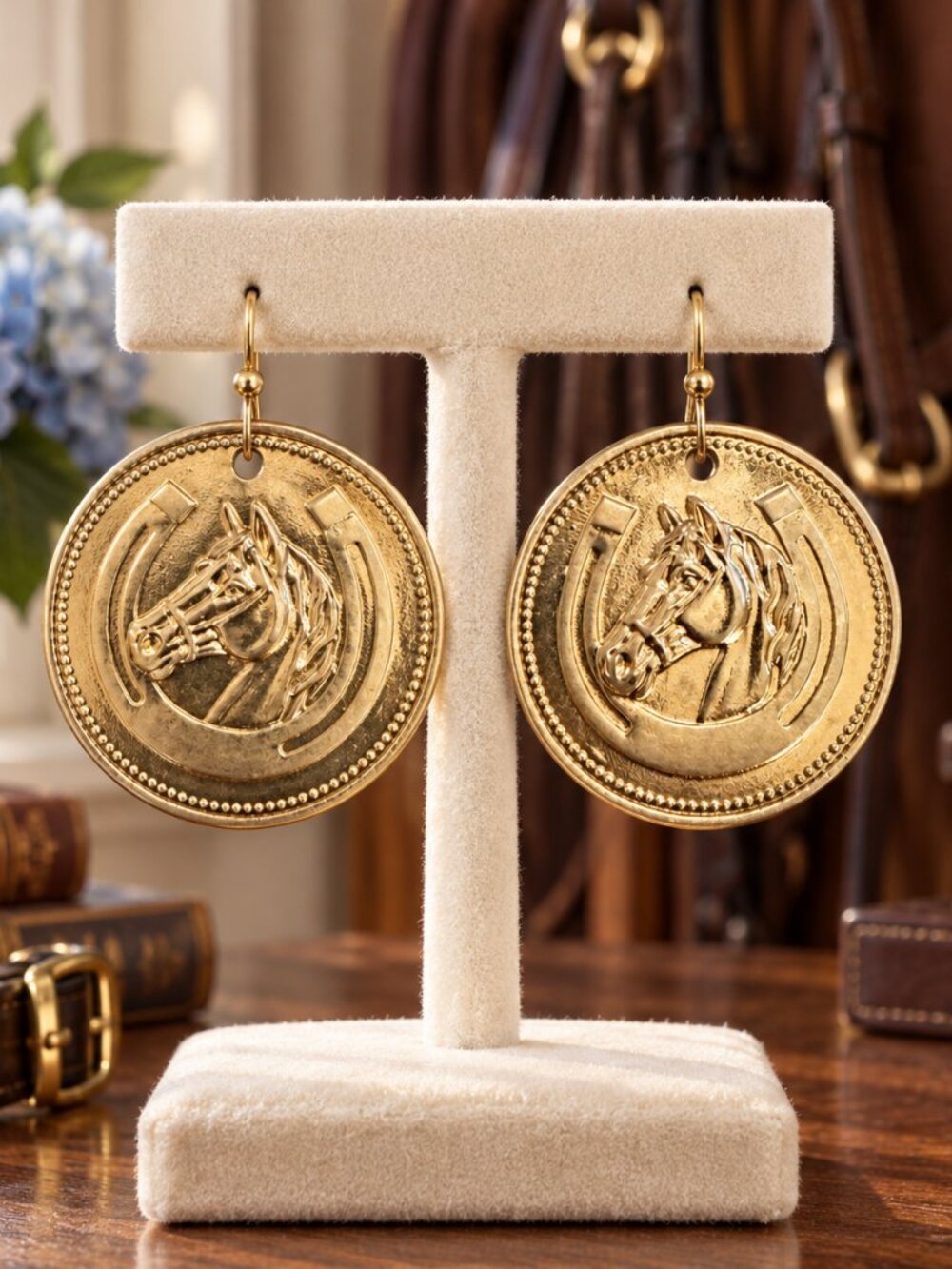 Gold Horse Medallion Earrings, Horseshoe Dangle Earrings, Equestrian Jewelry